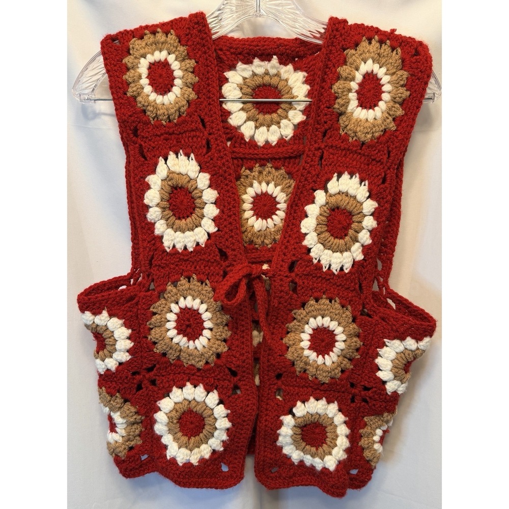 Hand Knit Grandma Square Sweater Vest Tie Front Size Small Red Tan Boho Retro